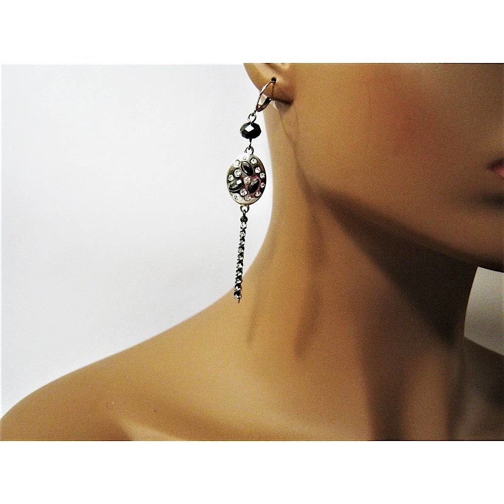 Silver Black Vintage Rhinestone Crystal Long Chain Drop Dangle Earrings 3 inch - Picture 5 of 7